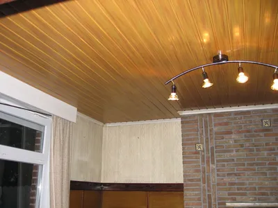 Интерьер кухни с потолком из декоративных отделочных панелей - фото 26