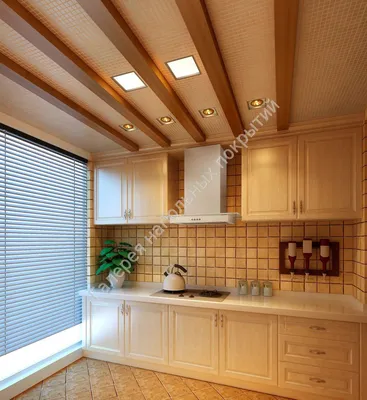 Потолок на кухне из пластиковых панелей - 72 фото