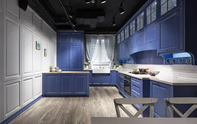 Кухня темно синяя с белым - 69 фото