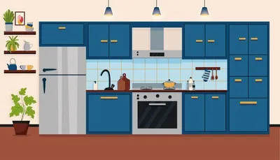 Современный уютный дизайн интерьера кухни в синем цвете с мебелью и  техникой | Премиум векторы