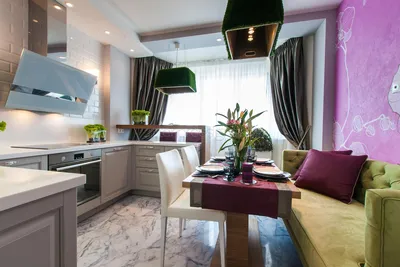 дизайн кухни-гостиной с зеленым диваном - Ремонт без проблем