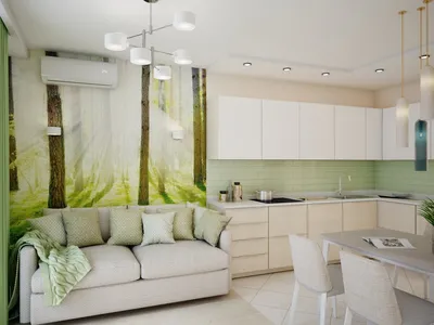 Современный интерьер кухни с диваном - 72 фото