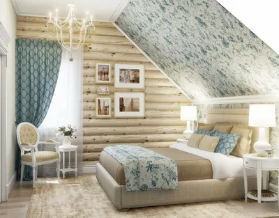 Спальня на мансарде в деревянном доме - 58 фото