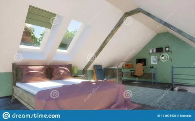 Спальня в мансарде с двуспальной кроватью и внутренних дел Иллюстрация  штока - иллюстрации насчитывающей удобно, цифрово: 191078436
