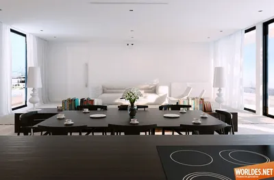 Примеры столовых комнат в белых цветах. Дизайн интерьера столовой комнаты