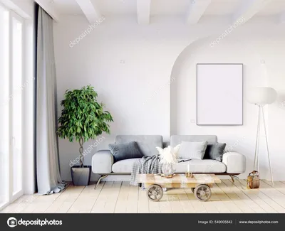 Современный красивый интерьер комнаты со светлыми стенами, большими окнами  и стильной мебелью. Яркий дизайн в скандинавском стиле. 3D рендеринг  стоковое фото ©elsar77 549005842
