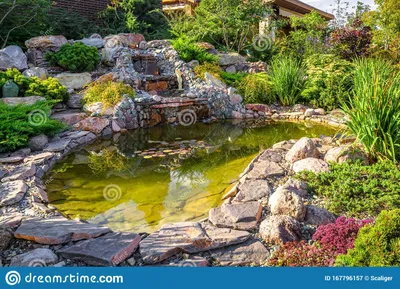Ландшафтный дизайн домашнего планом сад Красивый озеленение с небольшой пруд  и водопадом Стоковое Изображение - изображение насчитывающей красивейшее,  конструкция: 167796157