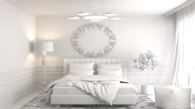 Обои Дизайн интерьера, спальня, кровать, белый стиль 3840x2160 UHD 4K  Изображение