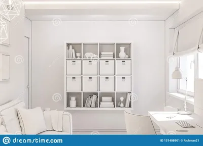 Конструктивная схема дизайна интерьера домашнего офиса в частном коттедже  иллюстрация 3d интерьера в белом цвете Иллюстрация штока - иллюстрации  насчитывающей декор, стена: 151408901