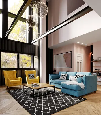 Гостиная в загородном доме с синим диваном Scott и желтыми креслами  Montreal | SKDESIGN
