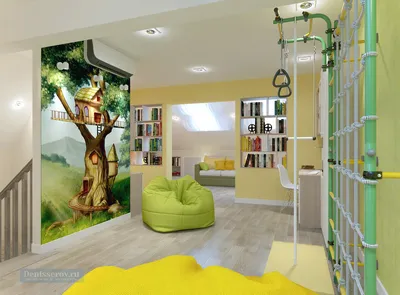 Дизайн детской комнаты 49 кв. м со спортивным уголком на мансарде для двух  мальчиков | Студия Дениса Серова