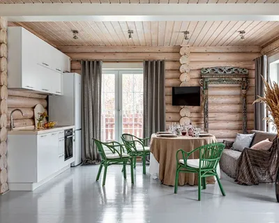 Интерьер кухни гостиной в деревянном доме - 69 фото