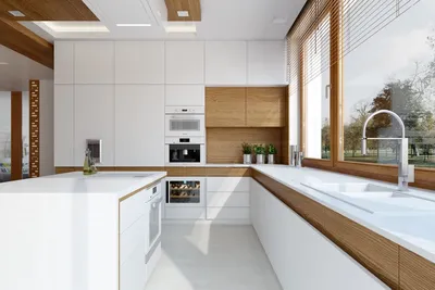 Дизайн кухни белая с деревом - 68 фото