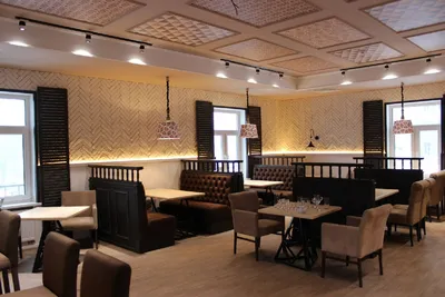 Кафе 245кв.м. в современном стиле - дизайн проект интерьера ресторана с  ремонтом от студии Avkube. Тел: 8-499-283-10-52
