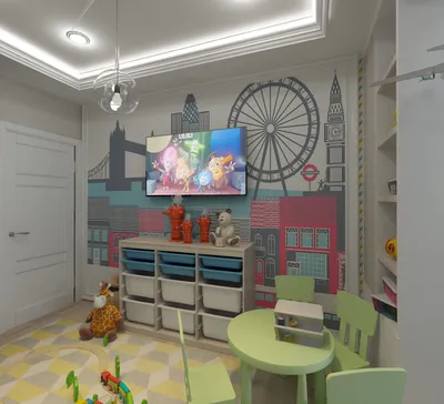 Детская-01. Телевизор на стене в детской комнате. Зелёная детская мебель.  Белый потолок со светодиодной подсветкой. Ящики… | Детская для мальчика,  Интерьер, Детская