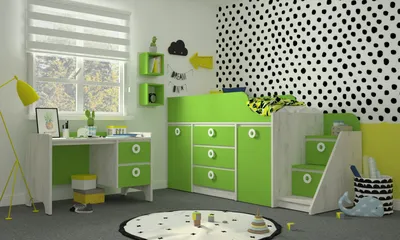 Детская комната «MINI» Дуб белый + зеленая Мамба | \