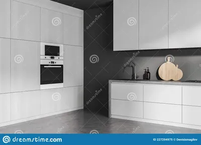 современный минималистский дизайн кухни в сером углу Иллюстрация штока -  иллюстрации насчитывающей холодильник, конструкция: 227294975