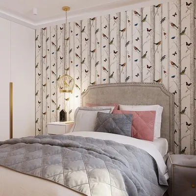 Дизайн спальни обои с птичками