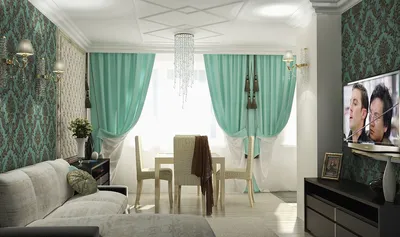 Бирюзовые шторы в интерьере спальни, гостиной и кухни: спальня в бирюзовых  тонах с белой мебелью - 32 фото