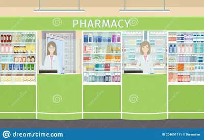Дизайн интерьера аптеки с фармацевта женщин на прилавках 2 символов. Аптека  с витринами с лекарствами Иллюстрация вектора - иллюстрации насчитывающей  стационар, нутряно: 204651111