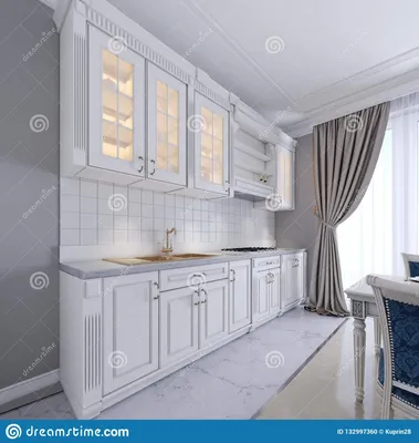 Современные белая кухня в классическом стиле, внутренний с белой мебелью и  серыми стенами Роскошный дизайн интерьера кухни Иллюстрация штока -  иллюстрации насчитывающей имущество, еда: 132997360