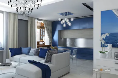 Дизайн интерьера кухни-гостиной в морском стиле в двухкомнатной квартире.  Синий, белый, серый. Сту… | Дизайн гостиной, Дизайн интерьера кухни, Идеи  домашнего декора
