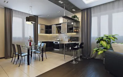 Дизайн кухни-студии с барной стойкой, которая выходит в гостиную