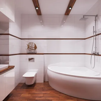 Дизайн белой ванной комнаты с угловой ванной