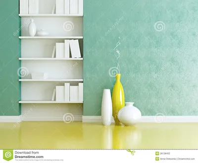 Дизайн интерьера. Книжные полки и вазы крытые. Стоковое Фото - изображение  насчитывающей стена, ослабьте: 28138402
