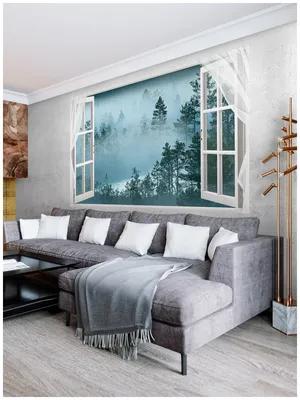 Фотообои Открытое окно с видом на лес в тумане/ Красивые уютные обои на  стену в интерьер комнаты/ 3Д расширяющие пространство над кроватью или над  столом/ На кухню в спальню детскую зал гостиную