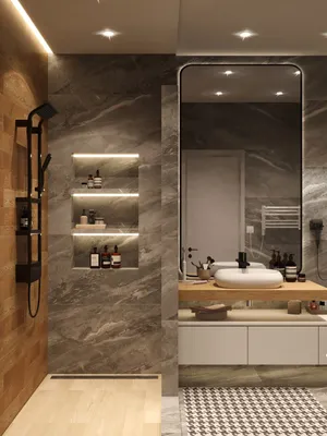 Современная идея дизайна ванной комнаты из мрамора и дерева | TONA Ванна