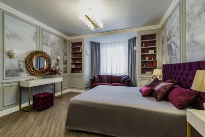 Дизайн спальни с рабочей зоной площадью 25 кв. м для молодой семьи.  «Золотистый портвейн на берегу озера» — Roomble.com