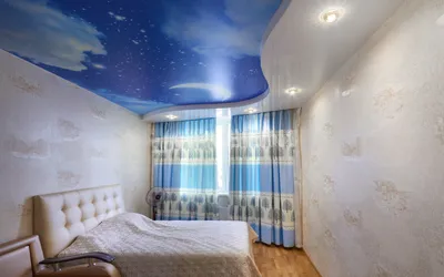Натяжные потолки: фото для спальни, дизайн двухуровневых и со светильниками