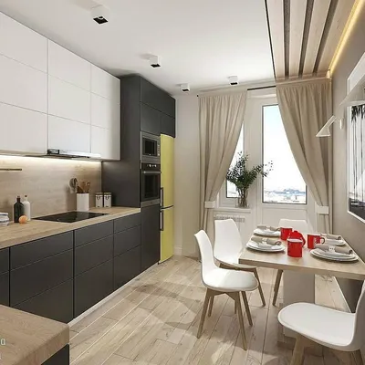 Дизайн прямоугольной кухни с балконом - 79 фото