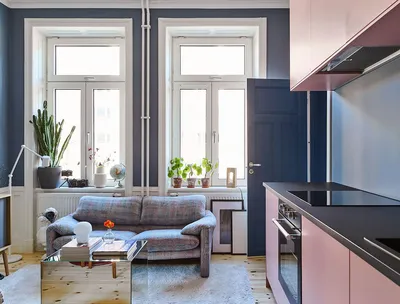 Удивительная маленькая квартира с синими стенами и художественным декором (33  кв. м) 〛 ◾ Фото ◾ Идеи ◾ Дизайн