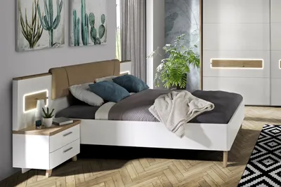 Olinda - глянцевая белая спальня в сочетании с деревом - Европейская Мебель  в Израиле по доступным ценам.