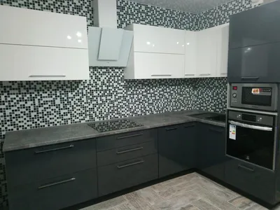 Черно-белая глянцевая кухня, темно-серый | АК-Мебель