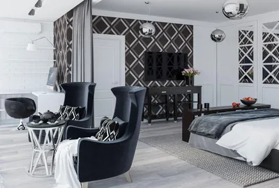 Дизайн спальни 18 кв.м в современном стиле, гардеробная в комнате, проект  спальни и расстановка мебели