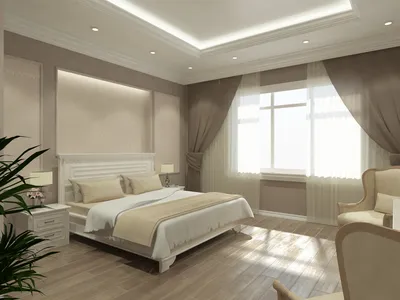Интерьер спальни в классическом стиле в пастельных тонах.