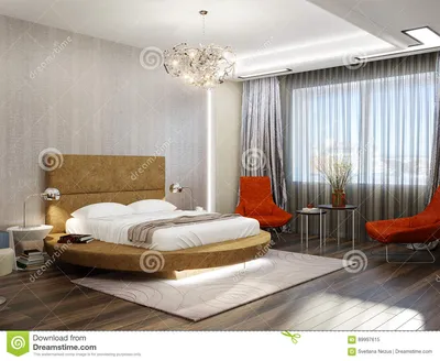 Современный дизайн интерьера спальни с круглой кроватью Иллюстрация штока -  иллюстрации насчитывающей нутряно, красивейшее: 89997615