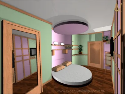 Дизайн спальной комнаты с круглой кроватью в квартире в ЖК «Бригантина» в  г. Екатеринбурге