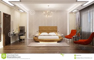 Современный дизайн интерьера спальни с круглой кроватью Иллюстрация штока -  иллюстрации насчитывающей бежевое, гостиница: 89997942