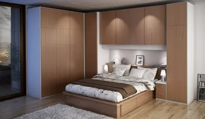 Спальня с угловыми шкафами и кровать - 72 фото