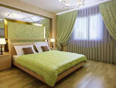 Зеленые шторы в интерьере спальни - 66 фото