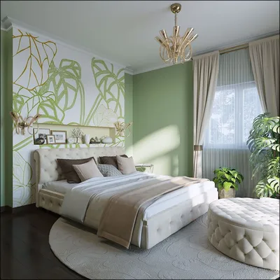 Оливковый цвет в интерьере спальни - 74 фото