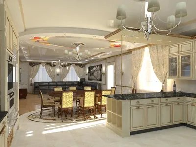 Дизайн кухни столовой гостиной в частном доме - 69 фото