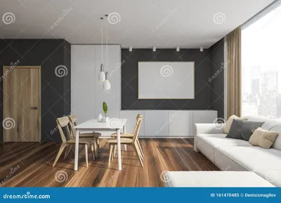 Серый обеденный зал интерьер с диваном и постером Иллюстрация штока -  иллюстрации насчитывающей мебель, кухня: 161470485