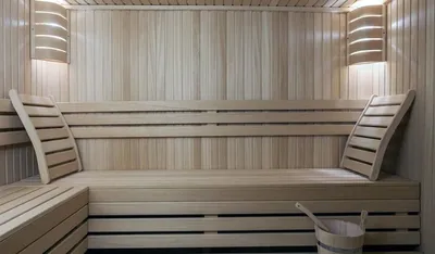 747 дизайн внутренней отделки бани из термодоски Шале | Sauna3D