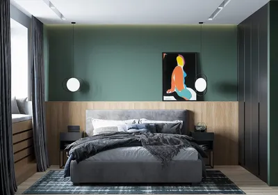 Зеленая стена в спальне за кроватью - 72 фото