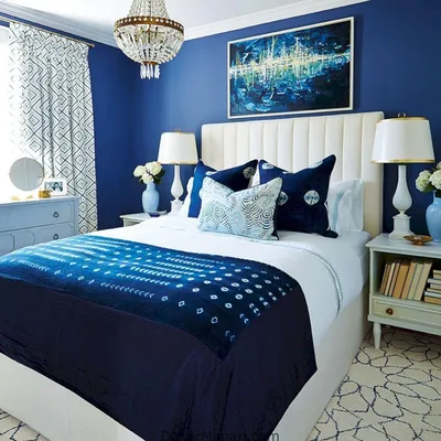 Интерьер спальни в синих тонах - 74 фото